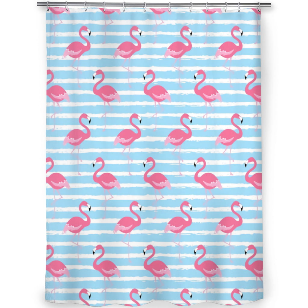 pink and blue shower curtain with flamingos